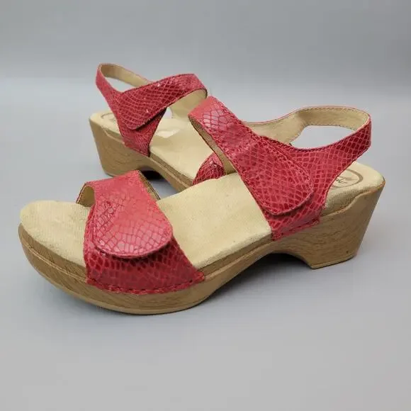 Dansko Red Snakeskin Leather Double Strap Slingback Wedge Sandals Size 38-8 - Picture 11 of 11